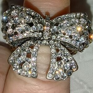 Three Large Vtg Rhinestone Silver-Tone Adjustable Rings- Bow, Ball & Mustache